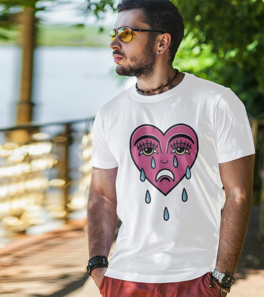 Hursey Hand Painter Crying Heart Sad Pink Teardrop Face T-Shirt