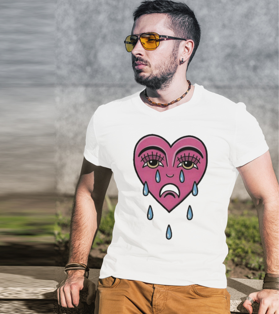 Hursey Hand Painter Crying Heart Sad Pink Teardrop Face T-Shirt