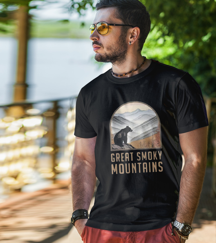 Great Smoky Mountains National Park Bear Silhouette Over Scenic Mountain Landscape T-Shirt