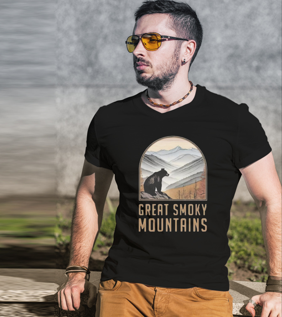 Great Smoky Mountains National Park Bear Silhouette Over Scenic Mountain Landscape T-Shirt