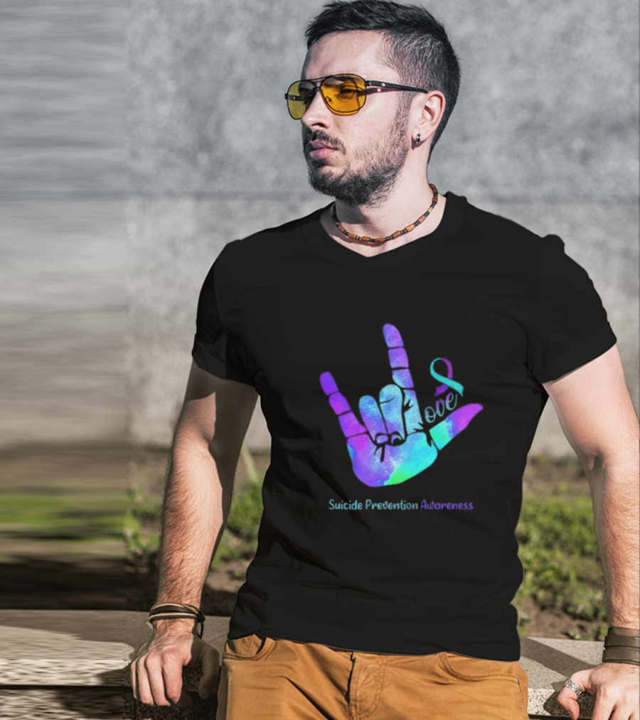 Love Hand Sign With Ribbon For Suicide Prevention Awareness T-Shirt
