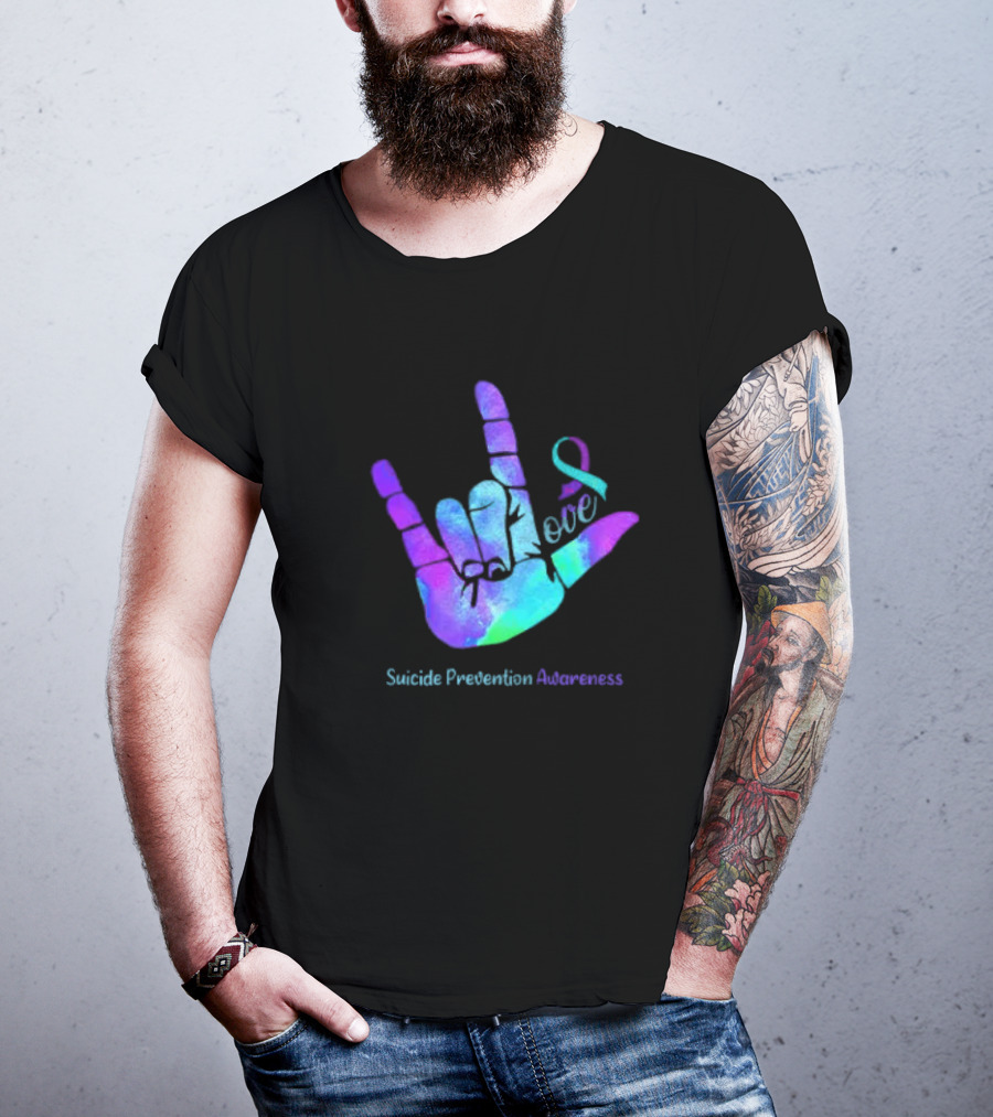 Love Hand Sign With Ribbon For Suicide Prevention Awareness T-Shirt