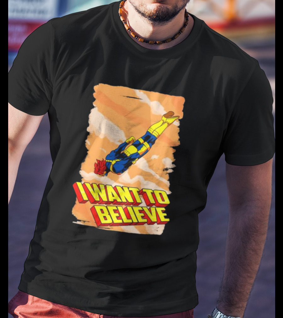 I Want To Believe Superheroes Retro Flying Hero In Yellow And Blue Suit T-Shirt