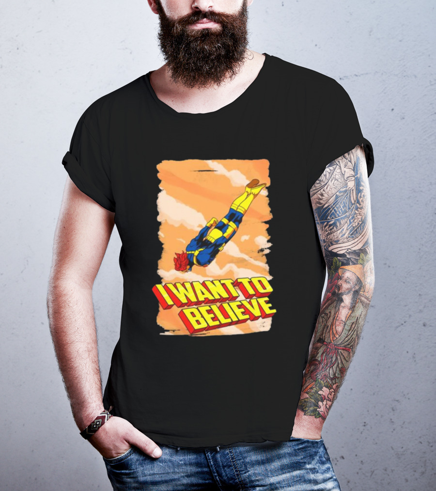 I Want To Believe Superheroes Retro Flying Hero In Yellow And Blue Suit T-Shirt