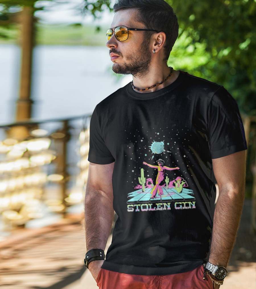 Stolen Gin Disco Cowgirl Dance Under Starry Night Desert Scene T-Shirt