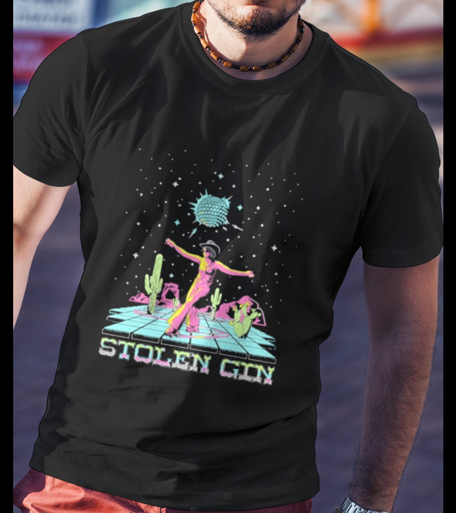 Stolen Gin Disco Cowgirl Dance Under Starry Night Desert Scene T-Shirt