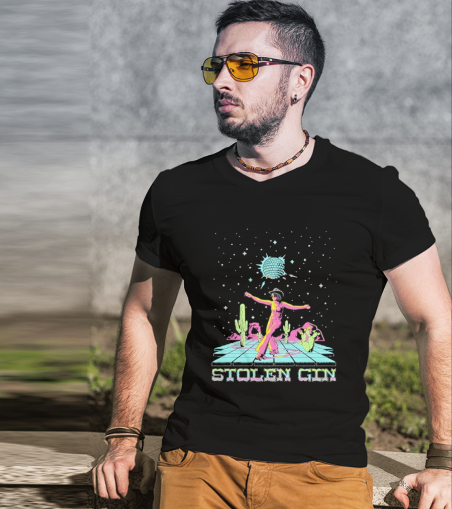 Stolen Gin Disco Cowgirl Dance Under Starry Night Desert Scene T-Shirt
