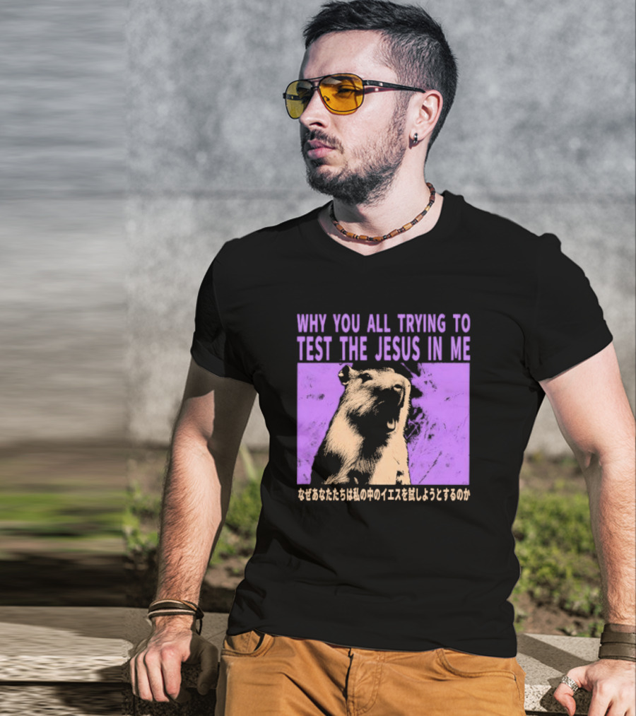 Why You All Trying To Test The Jesus In Me Capybara Japanese Text T-Shirt