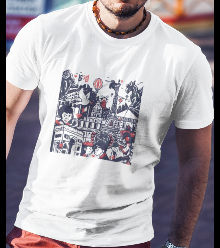 BasePaint Cityscapes Paris Eiffel Tower And Arc De Triomphe Neon Hearts T-Shirt