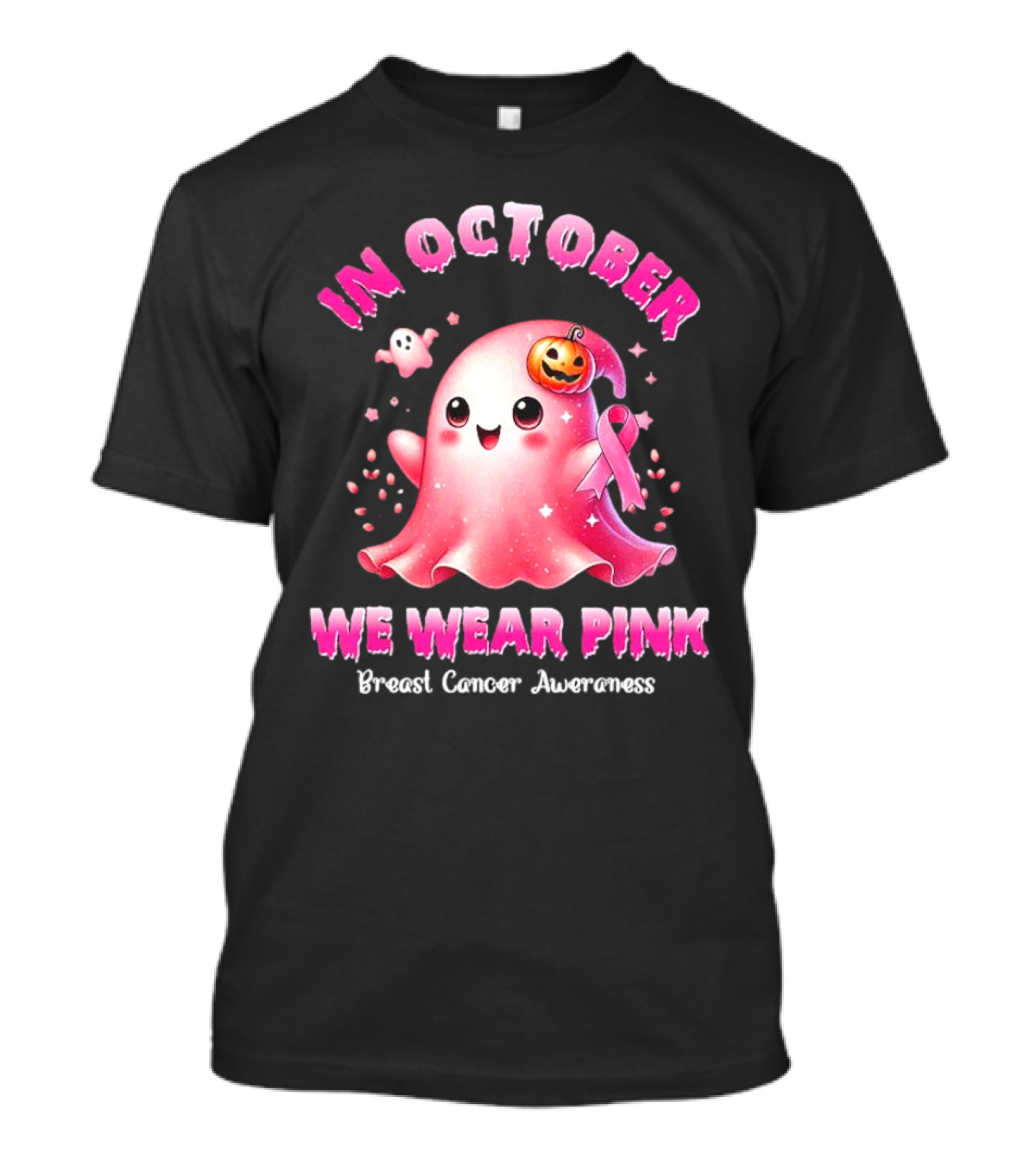In October We Wear Pink Ghost Pumpkin Ribbon Breast Cancer Awareness T-Shirt