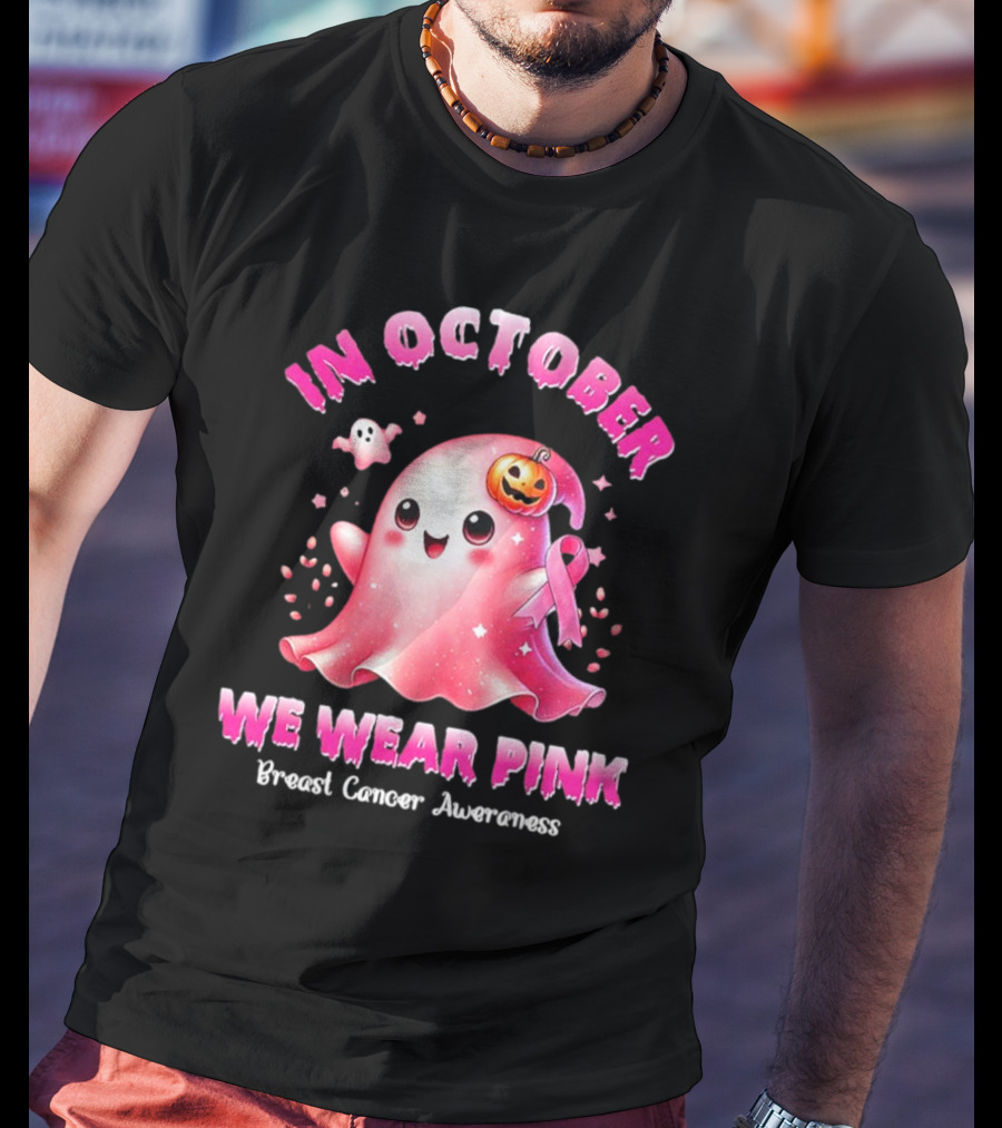 In October We Wear Pink Ghost Pumpkin Ribbon Breast Cancer Awareness T-Shirt