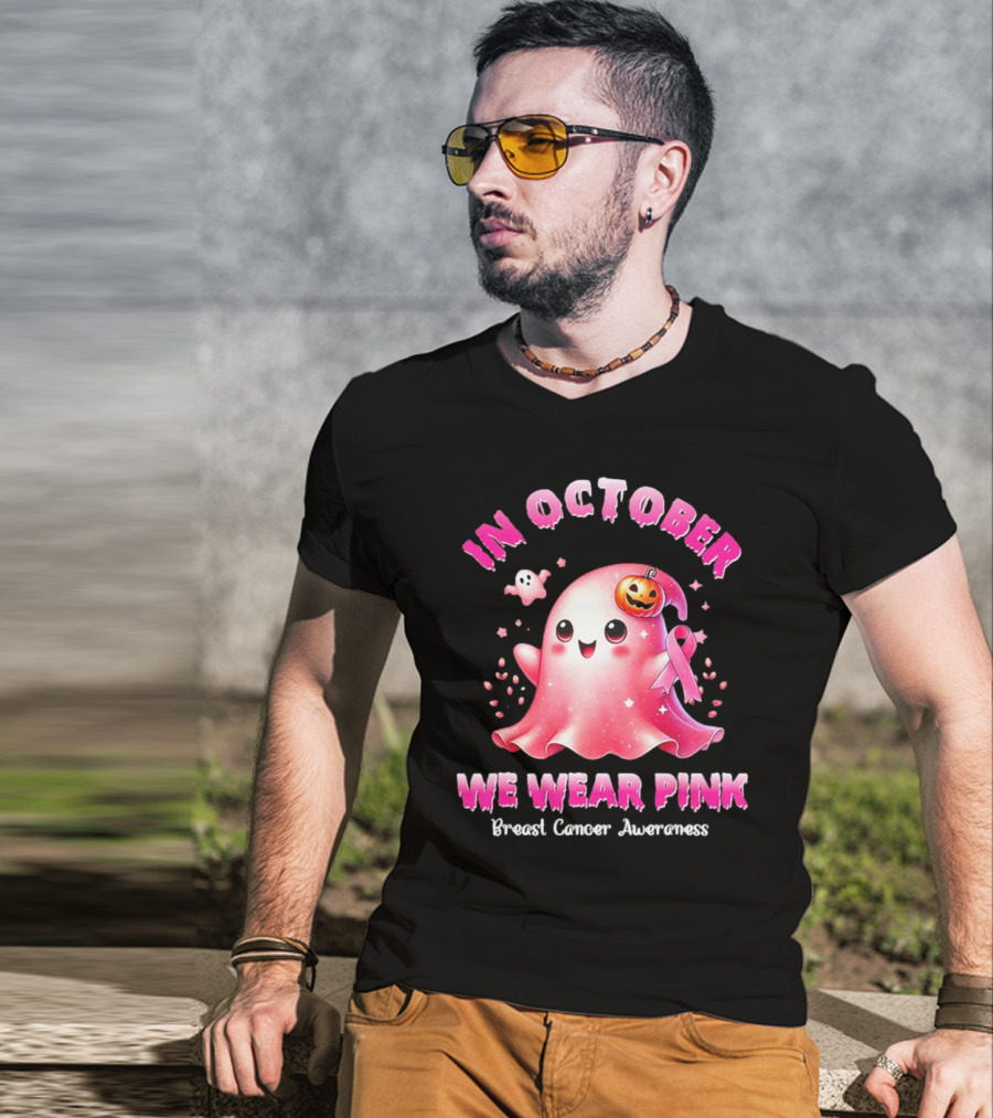 In October We Wear Pink Ghost Pumpkin Ribbon Breast Cancer Awareness T-Shirt