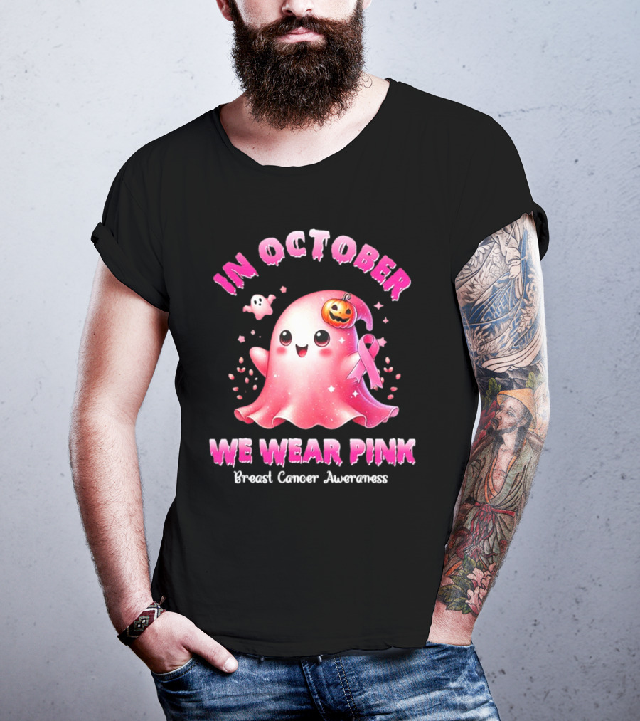 In October We Wear Pink Ghost Pumpkin Ribbon Breast Cancer Awareness T-Shirt