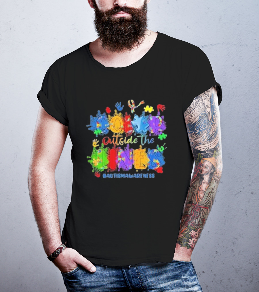Color Outside The Lines Autism Awareness Puzzle Ribbon Hands #AutismAwareness T-Shirt