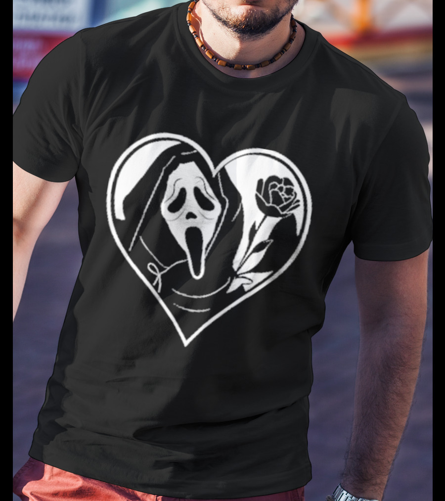 Badassmommy Ghostface Scream Skeleton With Rose In Heart T-Shirt