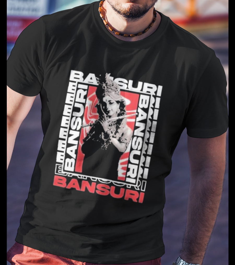 Bansuri Beautiful Girl With Flute Elegantly Framed In Red And White T-Shirt
