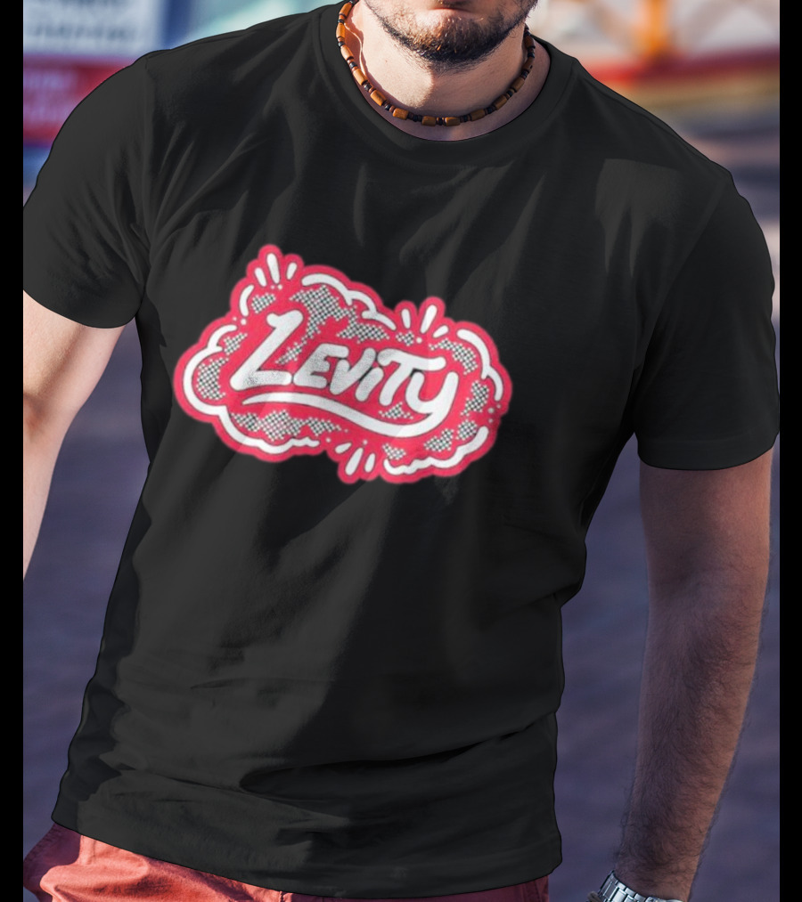 Levity Music Store Red And White Comic-Style Text On Black Cloud Background T-Shirt
