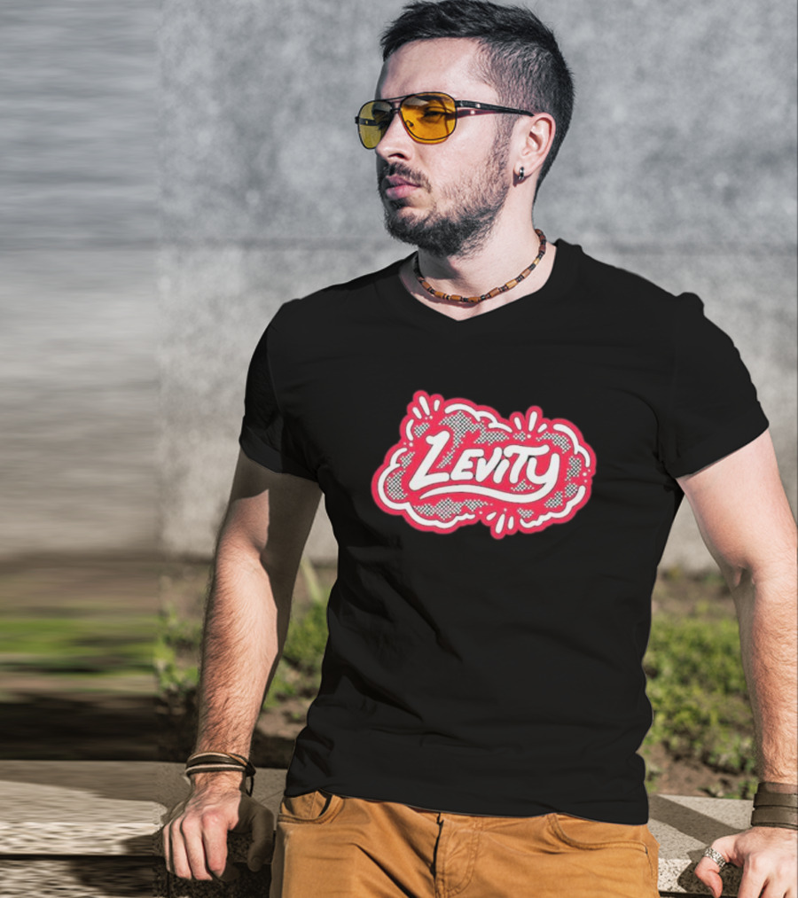 Levity Music Store Red And White Comic-Style Text On Black Cloud Background T-Shirt