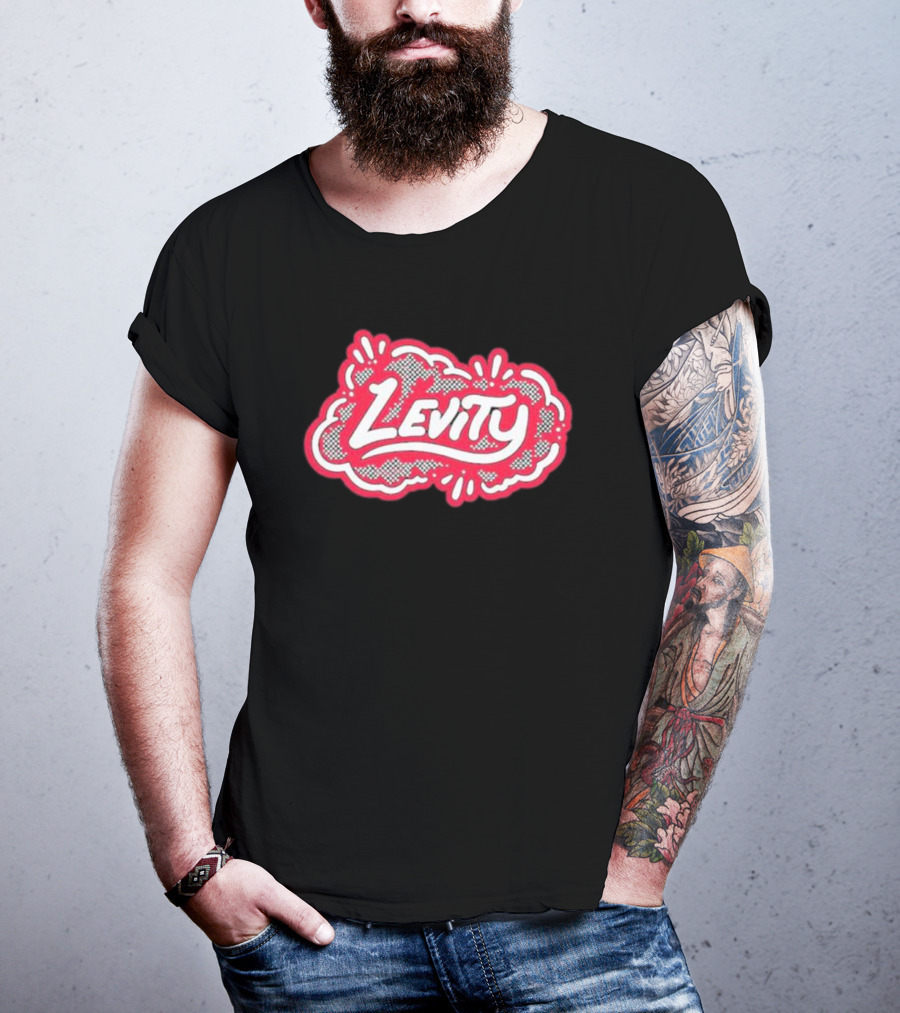 Levity Music Store Red And White Comic-Style Text On Black Cloud Background T-Shirt