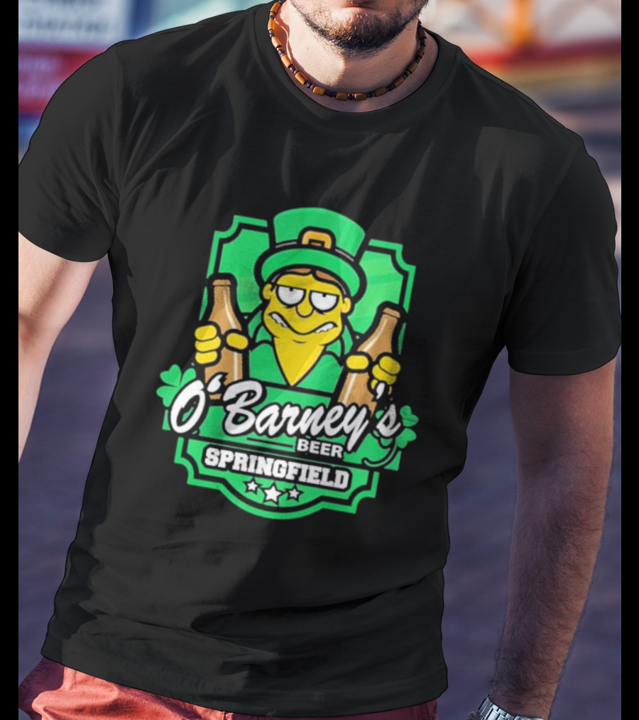 O’Barney’s Beer Springfield Leprechaun Holding Bottles Shamrock Badge T-Shirt