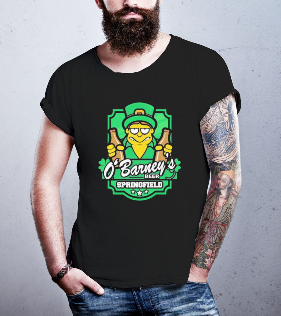 O’Barney’s Beer Springfield Leprechaun Holding Bottles Shamrock Badge T-Shirt