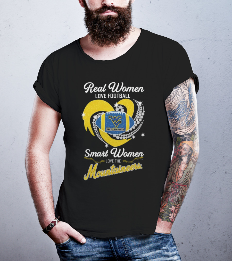 Real Women Love Football Smart Women Love West Virginia Mountaineers Diamond Heart Football T-Shirt