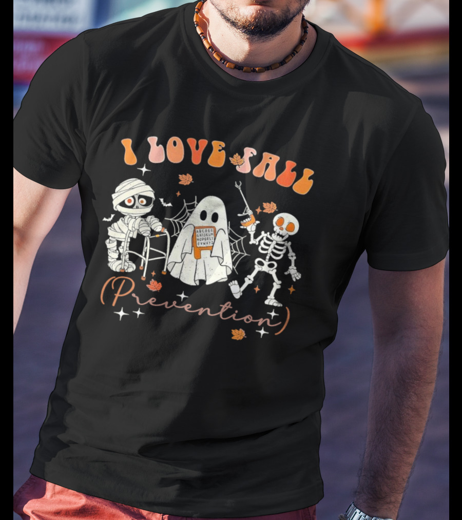 I Love Fall Prevention Groovy Retro Skeleton Mummy Physical Therapy T-Shirt