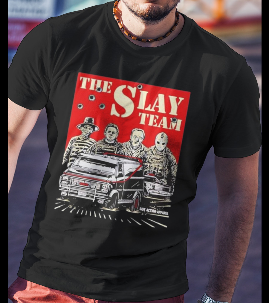 The Slay Team Horror Movies Characters Side Action T-Shirt