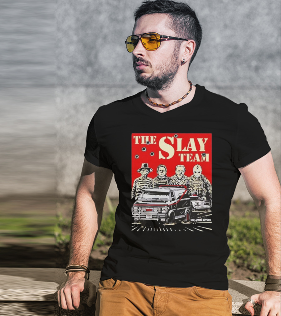 The Slay Team Horror Movies Characters Side Action T-Shirt