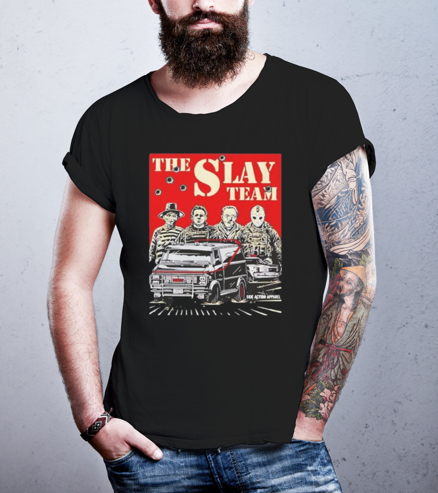 The Slay Team Horror Movies Characters Side Action T-Shirt