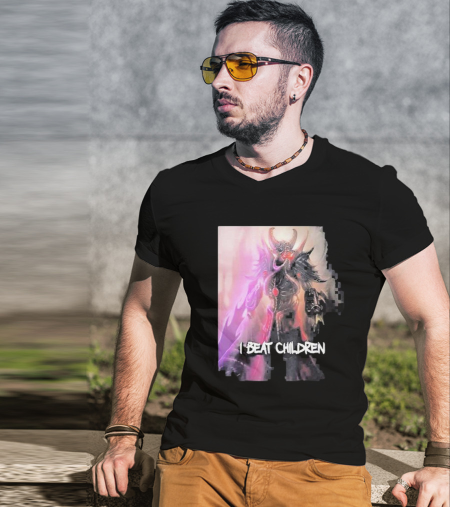 Kassadin I Beat Children Text Featuring Dark Mysterious Armored Character With Glowing Accents T-Shirt