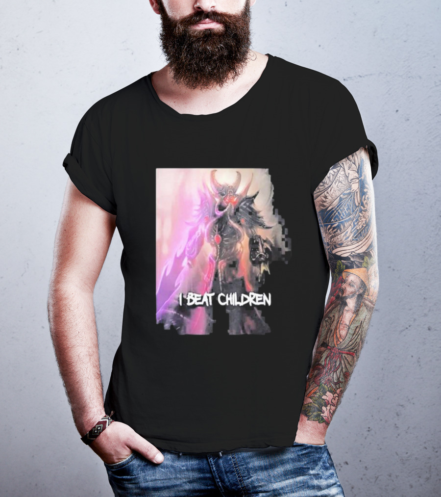 Kassadin I Beat Children Text Featuring Dark Mysterious Armored Character With Glowing Accents T-Shirt