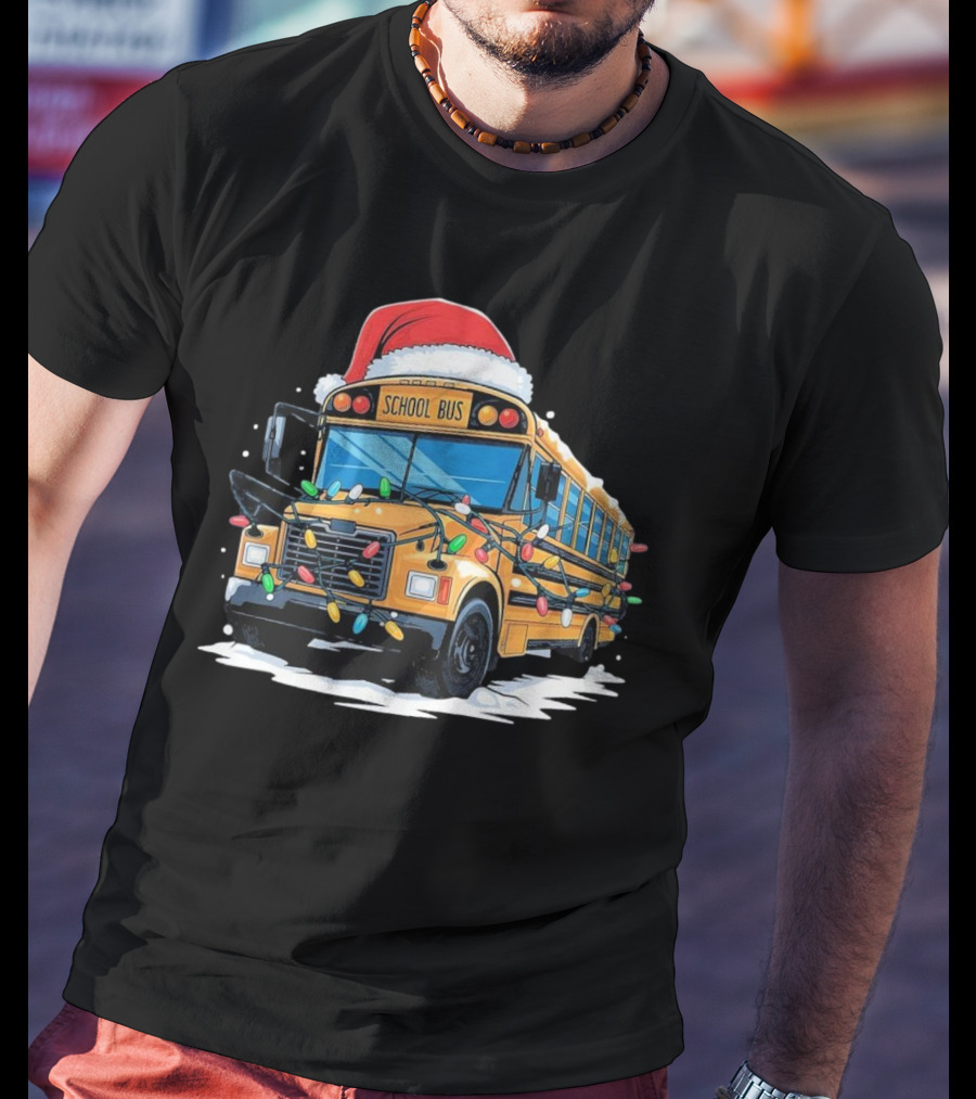 School Bus With Christmas Lights And Santa Hat Holiday Xmas T-Shirt
