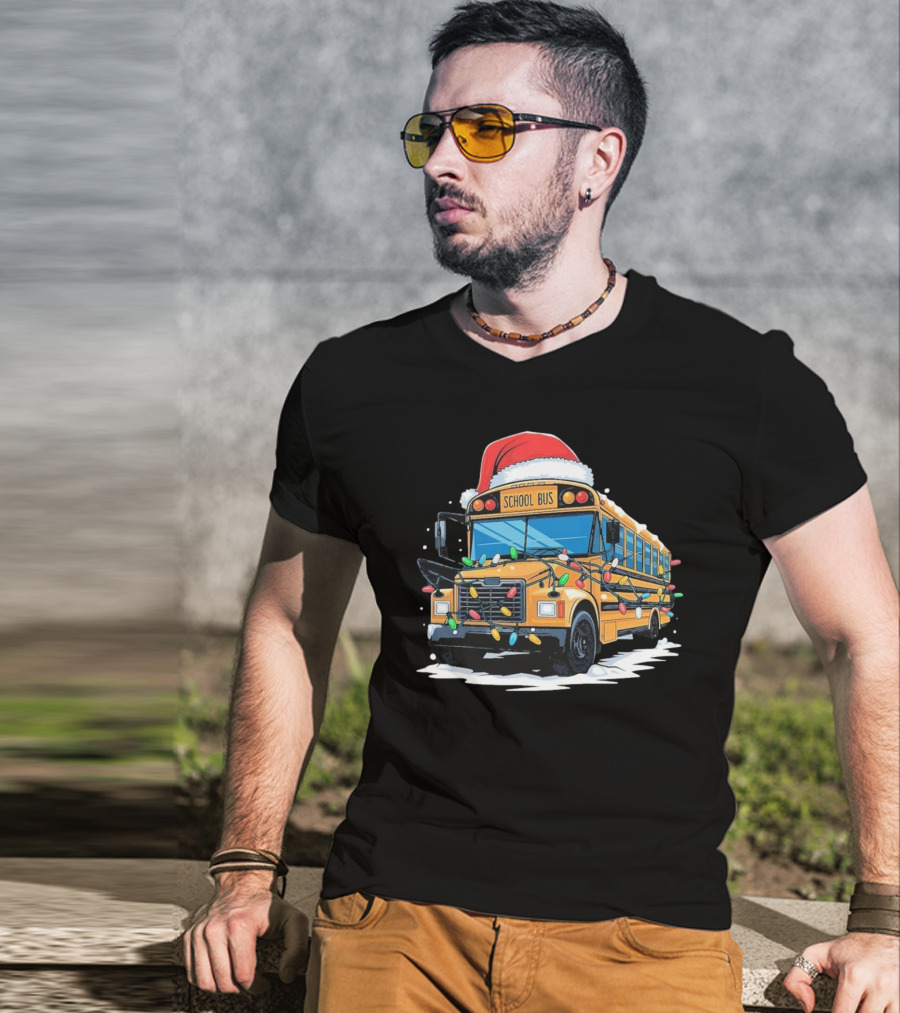 School Bus With Christmas Lights And Santa Hat Holiday Xmas T-Shirt