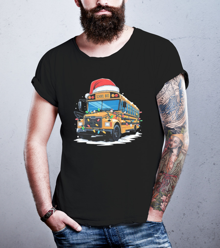 School Bus With Christmas Lights And Santa Hat Holiday Xmas T-Shirt