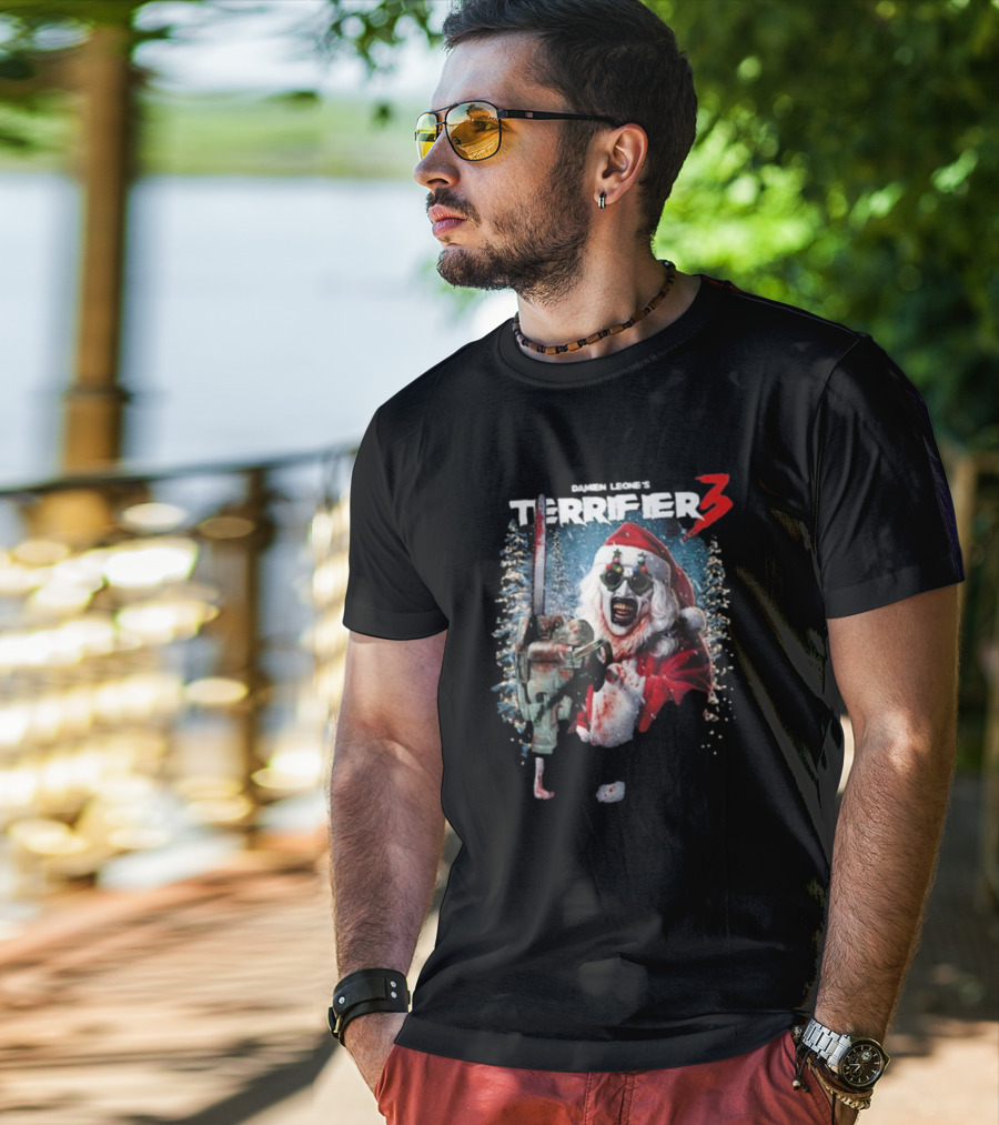 Damien Leone's Terrifier 3 Merry Mayhem Santa With Chainsaw T-Shirt