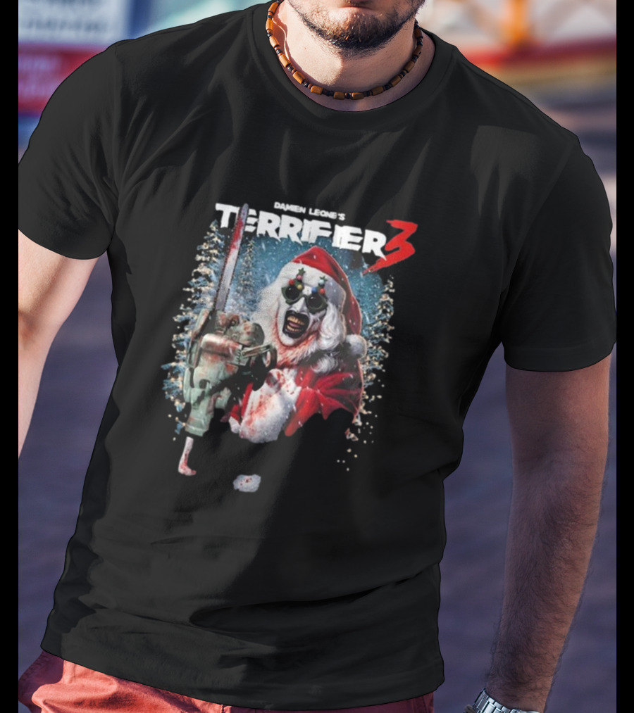 Damien Leone's Terrifier 3 Merry Mayhem Santa With Chainsaw T-Shirt