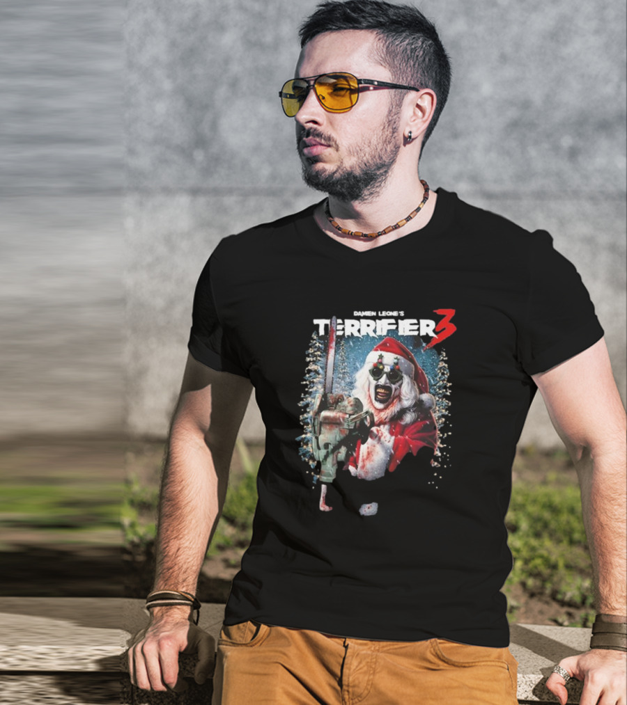 Damien Leone's Terrifier 3 Merry Mayhem Santa With Chainsaw T-Shirt