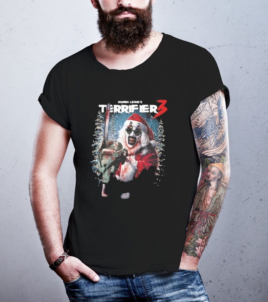 Damien Leone's Terrifier 3 Merry Mayhem Santa With Chainsaw T-Shirt