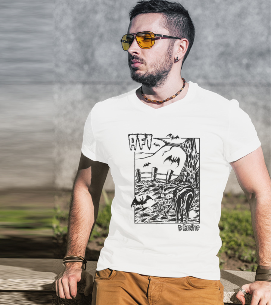 AFI All Hallow's Eve Bats And Black Cat In Haunted Scene T-Shirt