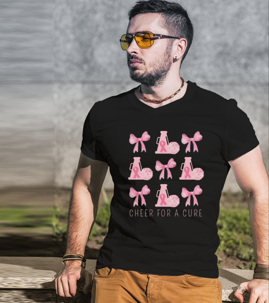 Cheer For A Cure Breast Cancer Awareness Pink Ribbon Bow T-Shirt