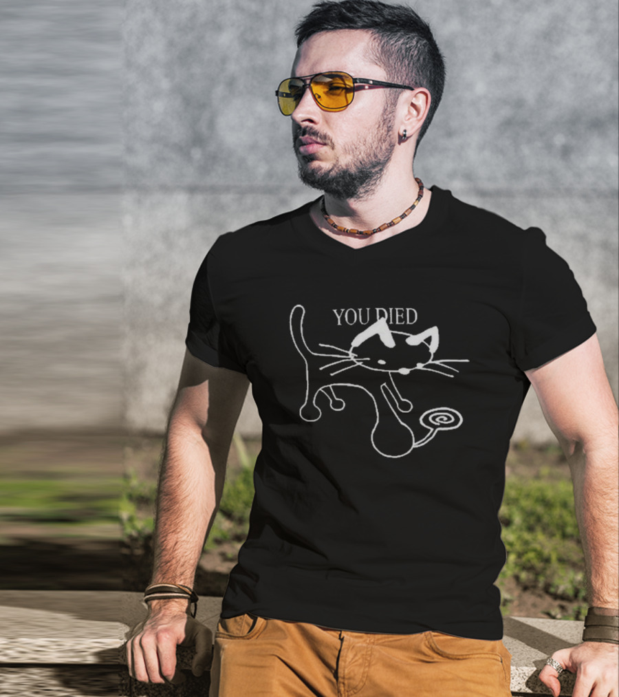 Geov Pixlotl You Died Cat Sketch With Whimsical Line Art And Spiral Tail T-Shirt