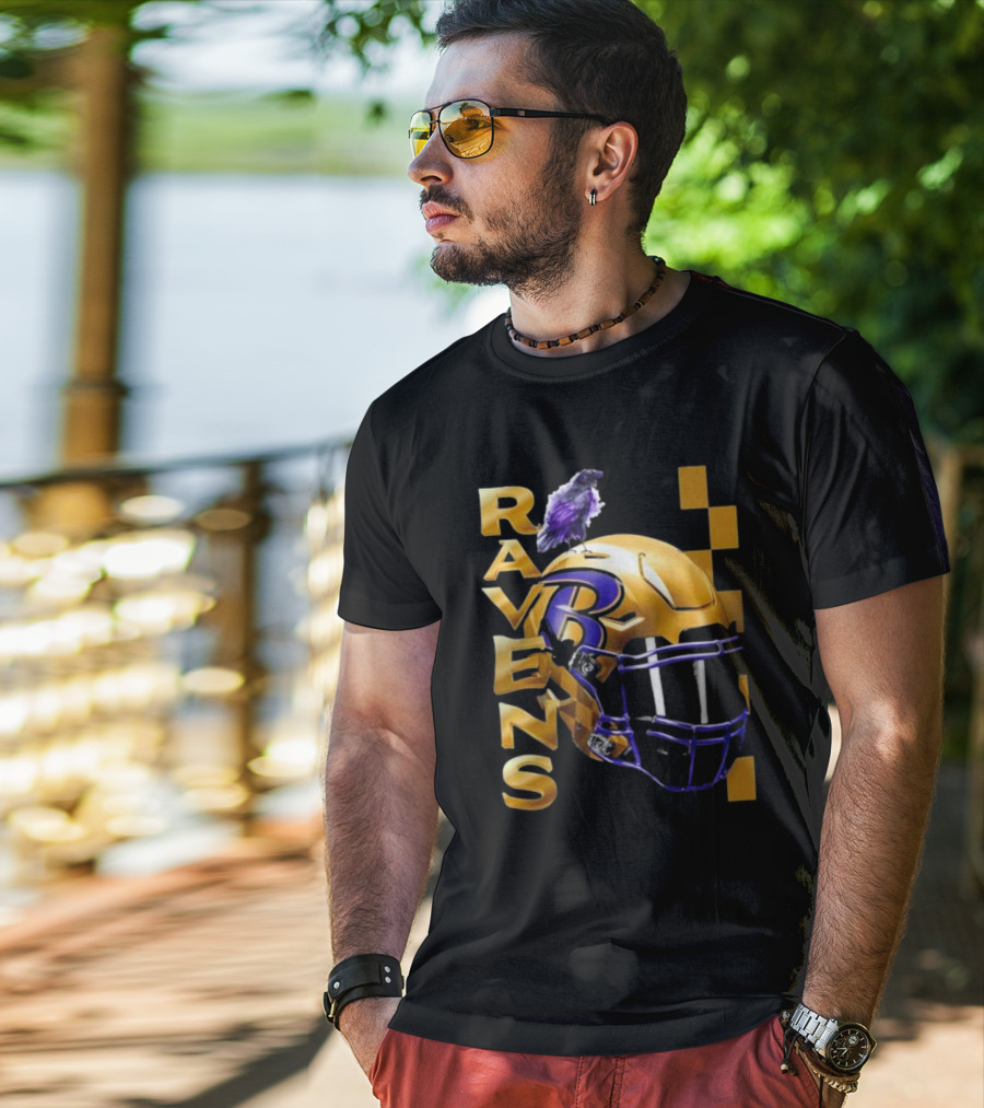 Ravens Gold Helmet With Purple B And Crow T-Shirt