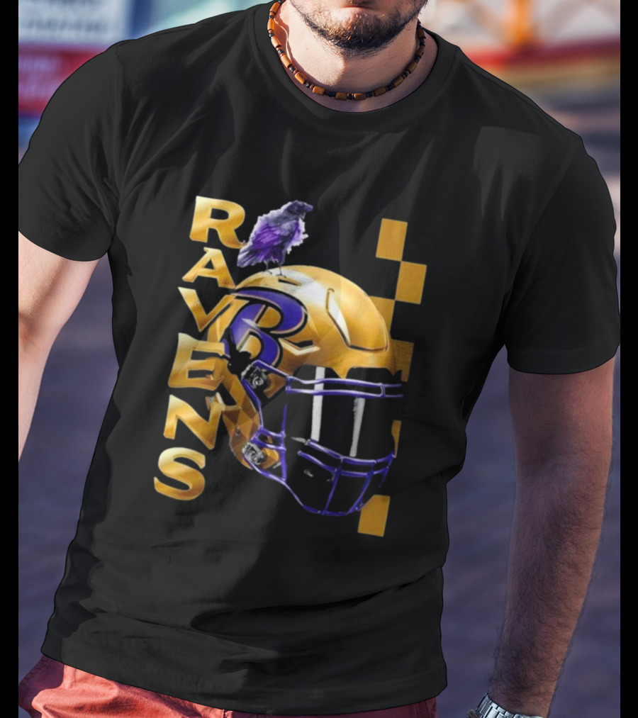 Ravens Gold Helmet With Purple B And Crow T-Shirt