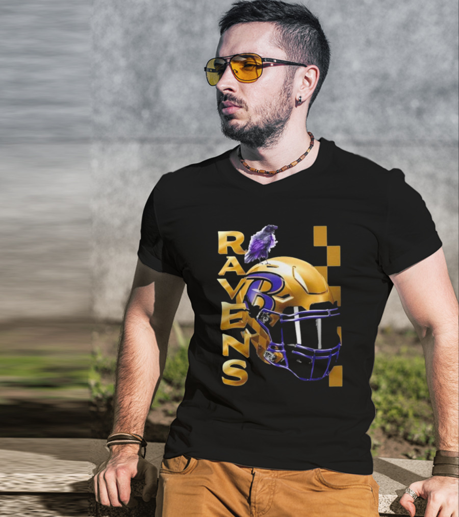Ravens Gold Helmet With Purple B And Crow T-Shirt