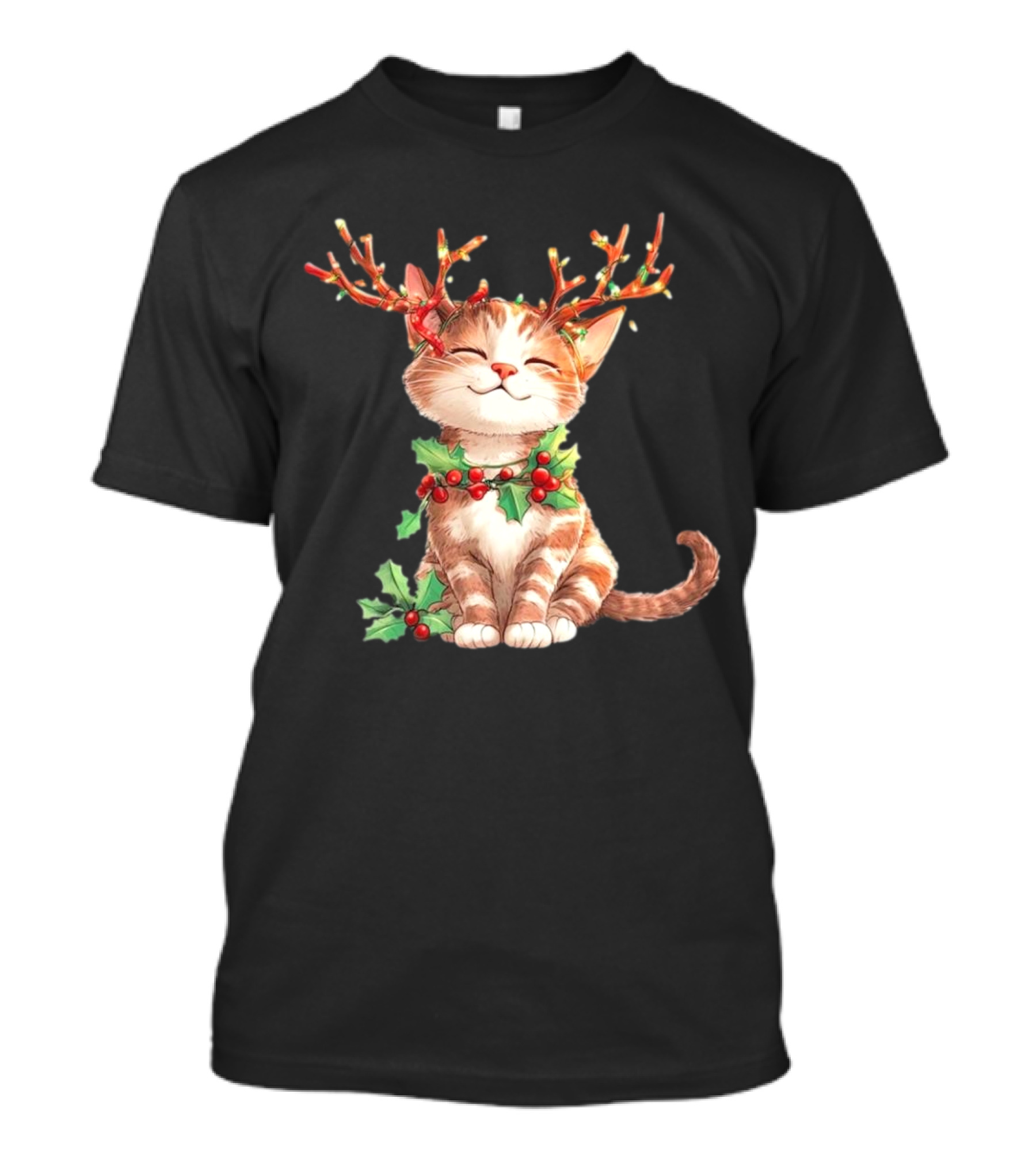 Cute Cat With Reindeer Antlers And Christmas Tree Lights T-Shirt