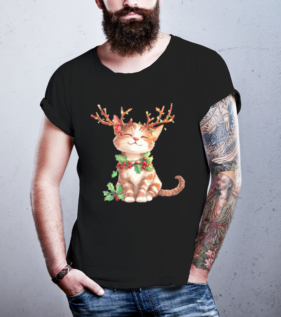 Cute Cat With Reindeer Antlers And Christmas Tree Lights T-Shirt