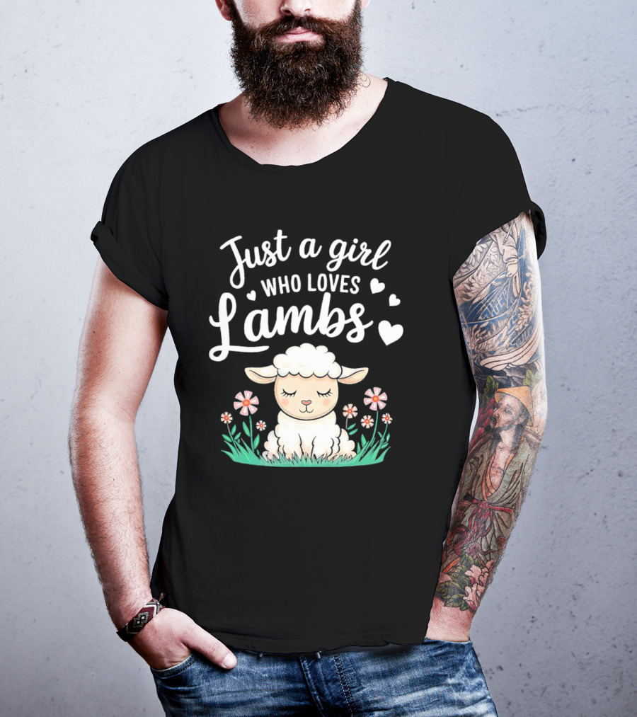 Just A Girl Who Loves Lambs Cute Animals Lover With Hearts And Flowers T-Shirt