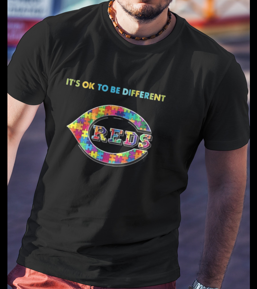Cincinnati Reds It's Ok To Be Different Autism Puzzle Logo T-Shirt