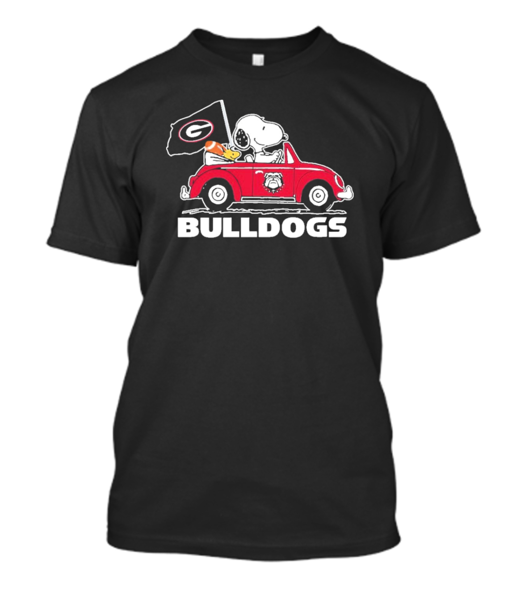 Snoopy And Woodstock Driving Georgia Bulldogs Car With Flag T-Shirt
